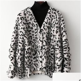 Women'S Fur Faux Womens Fashion Winter Clothes Women Short Cashmere Coats Jacket V Neck Single Breasted Leopard Sheep Ladies Overc Dhmnr