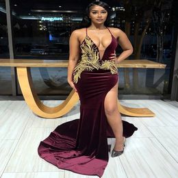 Aso Ebi 2024 Burgundy Lace Mermaid Prom Dresses Beaded Backless Velvet Evening Party Formal Second Reception Birthday Enagement PromDress Gowns LF046