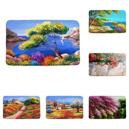 Bath Mats Rural Landscape Watercolour Mat Country Farmhouse Scenery Flower Tree Bathroom Rug Decor Bedroom Kitchen Toilet Doormat Soft