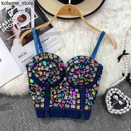 Women's Tanks Camis Hot Girl Sexy Retro Cross Denim Camisole Women Outer Wear Design Heavy Industry Beads Colorful Diamond Short Sleeveless Vest Top S24514