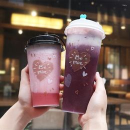 Disposable Cups Straws 50pcs High Quality Creative Juice Cup 500ml Party Birthday Favour Cold And Drink Plastic With Love Lid