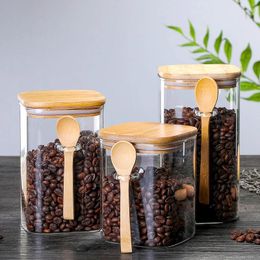 Storage Bottles Glass Sealed Jar With Wooden Cover Bamboo Spoon Coffee Bean Kitchen Supplies Milk Powder Tea Box 800ml-1200ml