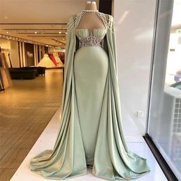 Elegant Mermaid Evening Dresses With Detachable Cape Beaded Crystal Formal Prom Gowns Custom Made Plus Size Pageant Wear Party Gown Rob 3062