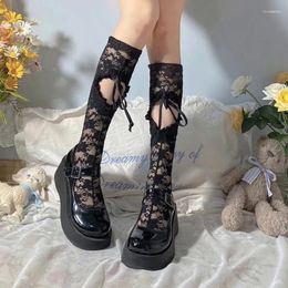 Women Socks Sexy Hollow Floral Lace Long Lolita Uniform Transparent Thin Silk Stockings Sweet French Knee High Calf