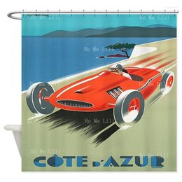 Shower Curtains Vintage French Red Race Car Sand Beach Party Wild Ride Skid Marks On The Tires Summer Vacation Cool Curtain With Hooks