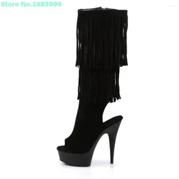 Boots Peep Toe Fringe Knee High Solid Thin Heel Side Zipper Platform Sexy Women Autume Winter Party Dress Shoes