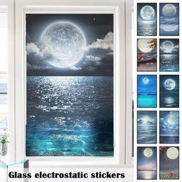 Window Stickers Sea Scenery Moon Landscape Pattern Privacy Film Static Clings Sliding Door Bathroom Decor Glass Films