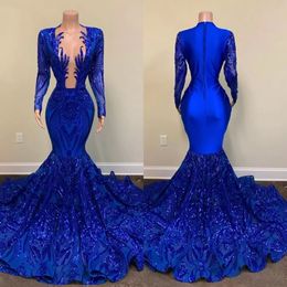 Royal Blue Mermaid Prom Dresses Sparkly Lace Sequins Long Sleeves Black Girls African Celebrity Evening Gown 294P