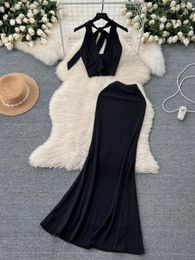 Work Dresses Foamlina 2 Pieces Set For Women Fashion Summer Black Halter V Neck Sleeveless Crop Top And High Elastic Waist Long Skirt Suits