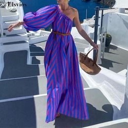 Casual Dresses Female 2024 Pleated Party Dress Elegant Skew Collar Puff Sleeve Evening Chic Women Striped Print Summer Swing Maxi