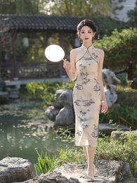 Ethnic Clothing Chinese Qipao 2024 Spring Elegant And Retro Style Girl Improved Sleeveless Halter Cheongsam Dress