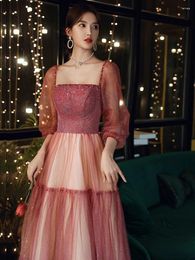 Party Dresses Burgundy Tulle Prom Gown Women Square Neck Three Quarter Sleeve Sequin Evening Elegent Classic Applique Cocktail Dress