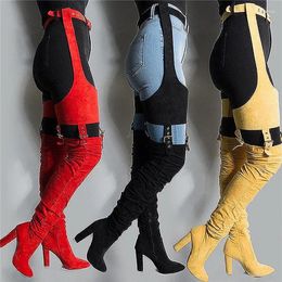 Boots 2024 Sexy Belted Thigh High Heel Waist Belt Faux Suede Leather Block Buckle Strap Chap Shoes Woman