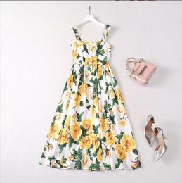 Europe and the United States women's 2024 summer new suspenders Yellow rose printing fashion Pleated dress XXL