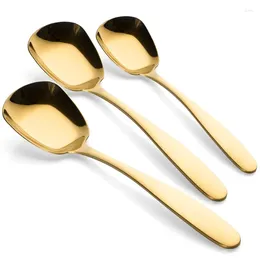 Spoons 3 Pcs/Set Stainless Steel Flat Chinese Silver Soup Coffee Tea Dinner Gold Spoon Sets Kitchen Accessories-Gold
