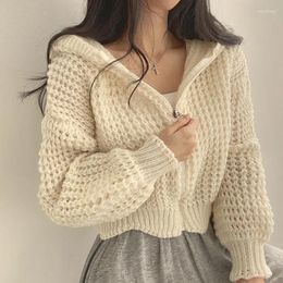 Women's Knits Korean Chic Short Hooded Cardigans Women Autumn Winter Hollow Out Zipper Knitted Sweater Coat Casual Loose Knitwear Tops