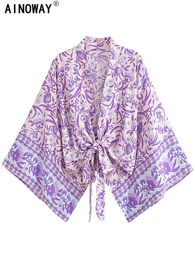 Vintage Purple Floral Boho Kimono Short Robe Swimsuits Women Fashion Batwing Sleeves Rayon Bohemian Bikini Cover Ups Beachwear 240508