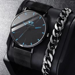 Wristwatches 2PCS Men's Fashion Trend Simple Business Blue Needle Dial Quartz Belt Watch Luxury Alloy Bracelet Ramadan Gift Set