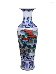 Vases Hand Painted Fake Antique Blue And White Landscape Floor Vase Jingdezhen Ceramics Living Room House El Decoration