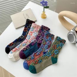 Women Socks Floral Embossment Harajuku Retro Streetwear Crew Japanese Fashion Vintage Girls Kawaii Cute Cotton Long