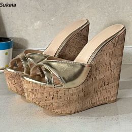 Sukeia Handmade Women Summer Platform Mules Sandals Wedges High Heels Round Toe Gold Nude Party Shoes Ladies US Plus Size 4-16