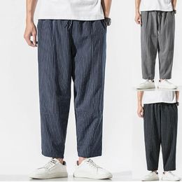 Men's Pants Trendy Striped Casual For Men Loose Cotton Linen Chinese Style Wide Legged Sweatpants Full Length Pant Trousers