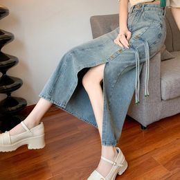 Skirts Sweet Girl Chinese Style Retro Light Colored Denim Skirt For Women's Spring High Waisted Split Fashion Female Clothes