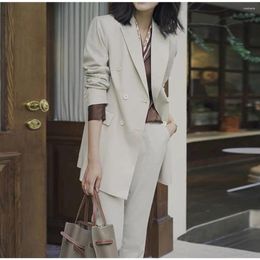 Women's Two Piece Pants Beige Elegant Suit For Women Blazer 2 Caual Business Pantsuit Office Lady Double Breasted Jacket Female