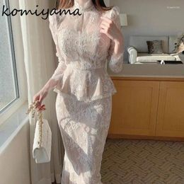 Work Dresses Korean Chic Lace Woman Sets Hollow Out Hook Floral Shirts & Blouses High Waist Boodycon Faldas Mujer Summer 2024 Suit