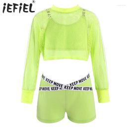 Clothing Sets 6-16Y Kid Girl Clothes Set Letter Print Crop Tops Shorts Net Blouse Children Summer Teen Tracksuits Sports