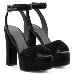 Sandals Thick Platform Elegant Solid Sandalias Pleated Design Women Shoes Black Velvet Zapatos Chunky Heel Pumps