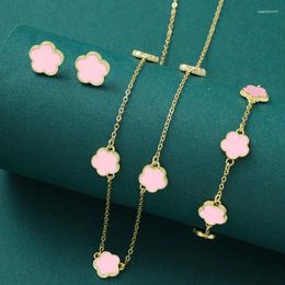 Necklace Earrings Set 3 Pcs Luxury Five Leaf Flower Pendant Bracelet For Women Gift Trendy Stainless Steel 2024