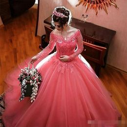 Elegant Pink Quinceanera Dresses Scoop Neck Long Sleeves Lace Applique Beaded Ball Gown Tulle Custom Made Sweet 16 Graduation Prom Wear 307b