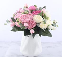 30cm Rose Pink Silk Peony Artificial Flowers Bouquet 5 Big Head and 4 Bud Fake Flowers for Home Wedding Decoration indoor Holding 4913587