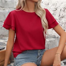 Women's T Shirts 2024 Summer Solid Colour Short-sleeved T-shirt Layered Sleeves Simple Basic Crewneck Top For Women