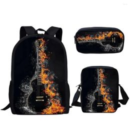 School Bags Fire Guitar Print 3Set For Teen Boys Girls Casual Backpack Primary Studnts Bookbags Large Capacity Backpacks