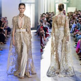 2020 Elie Saab Evening Dresses With Long Jacket Lace Appliqued Deep V Neck Women Jumpsuit Prom Dress Custom Made Arabic Formal Party Go 215B