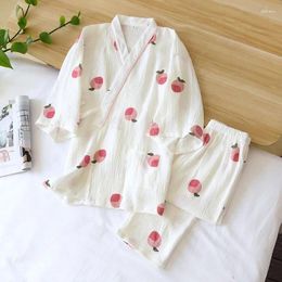 Home Clothing Japanese Kimono Spring And Autumn Womens Peach Print Loose Pyjamas Suit Cotton 2-Piece Service Cute Thin Pijama Mujer