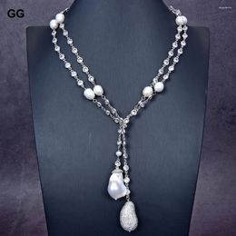 Pendant Necklaces G-G Natural White Keshi Baroque Pearl Cz Pave Gold Colour Plated Crystal Chain Long Necklace 49'' For Women
