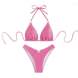 Women's Swimwear 2 Piece Plaid Print Tie-Up Halter Bra With Bow Low Waist Thong Swimsuit Bathing Suit Brazilian Femme Summer Bikini Set
