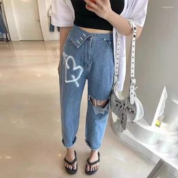 Women's Jeans Vintage Irregular Flanging For Women Graffiti Holes Harlan Denim Pants Summer High Waist Trousers