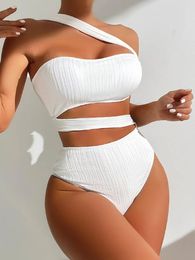 Women's Swimwear Sexy One Shoulder Bikinis Sets 2024 Women White Hollow Out Push Up High Waist Swimsuit Summer Bathing Suit Two Piece
