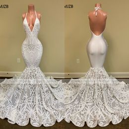White Mermaid Style Prom Dresses Long 2022 Sexy Halter Backless Sparkly Sequin African Black Girl Formal Party Evening Gown 207T