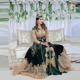 Green Moroccan Kaftan Caftan Muslim Evening Dresses A-line Long Sleeve Appliques Beading Dubai Arabic Turkey Abaya Islamic Formal Occas 2996