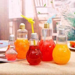 Disposable Cups Straws 25pcs High Quality PET Cold Drink Juice Milk Tea Cup 100ml Small Creative Light Bulb Shape Diy Transparent Plastic