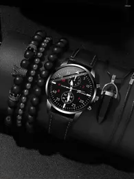 Wristwatches 5pcs Fashion Business Leisure Round Men's Belt Quartz Watch With Crown Bead String Bracelet Necklace Combination Set