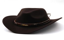 Cowboy Hats Wide Brim Solid Fedora Hat with Leather Belt Unisex Wool Felt Cap Women Men Party Trilby Jazz Street Headwear Patchwor9561472