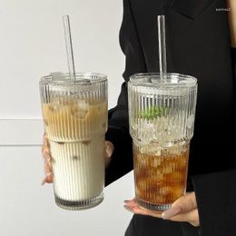 Wine Glasses 600ml Stripe Glass Cup With Lid And Straw Transparent Drinking For Juice Water Iced Coffee Cups Drinkware Mug