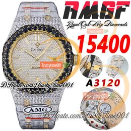 AMG 15400 A3120 Automatic Mens Watch Black Big Diamond Bezel 18K Yellow Gold Paved Diamonds Dial Stick Markers Steel Bracelet Super Trustytime001 Iced Out Watches