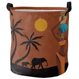 Laundry Bags African Women Sunset Landscape Elephant Foldable Basket Large Capacity Waterproof Storage Organiser Kid Toy Bag